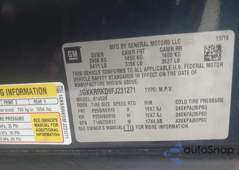 2015 GMC Acadia Slt-1 from USA, damaged, VIN 1GKKRRKD8FJ231271